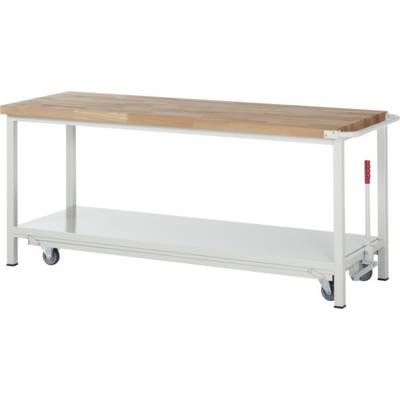 Un tavolo da lavoro mobile bianco con superficie in legno e quattro ruote. Sotto è presente un ripiano bianco.