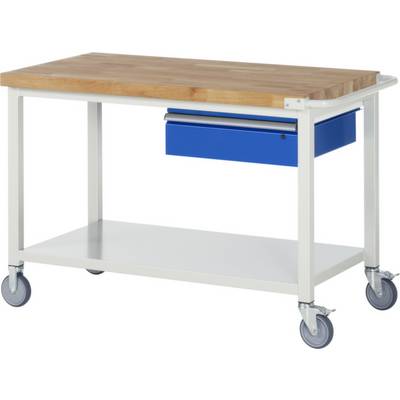 Banco da lavoro con piano in legno, cassetto blu e ruote. Ideale per spazi di lavoro flessibili in officine o garage.