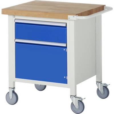 Carrello da officina mobile con cassetto blu e armadio, struttura in metallo, piano di lavoro in legno e quattro ruote.