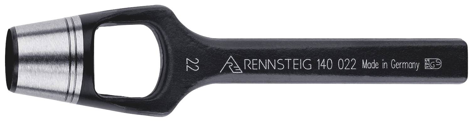Punzone per fori in metallo, dimensione 22 mm, con incisione 'RENNSTEIG 10 022 Made in Germany'. Utilizzato per tagliare fori con precisione nei materiali.