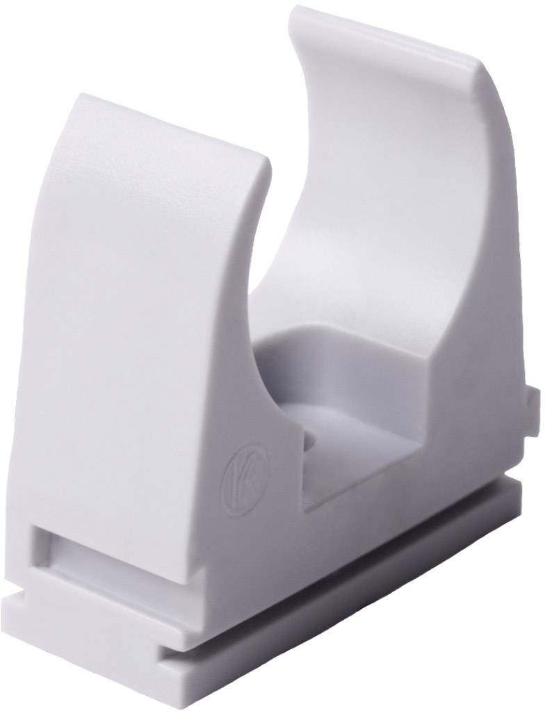 Un supporto in plastica bianca a forma di U con un'apertura a fessura e base rettangolare, utilizzato per fissare i cavi.