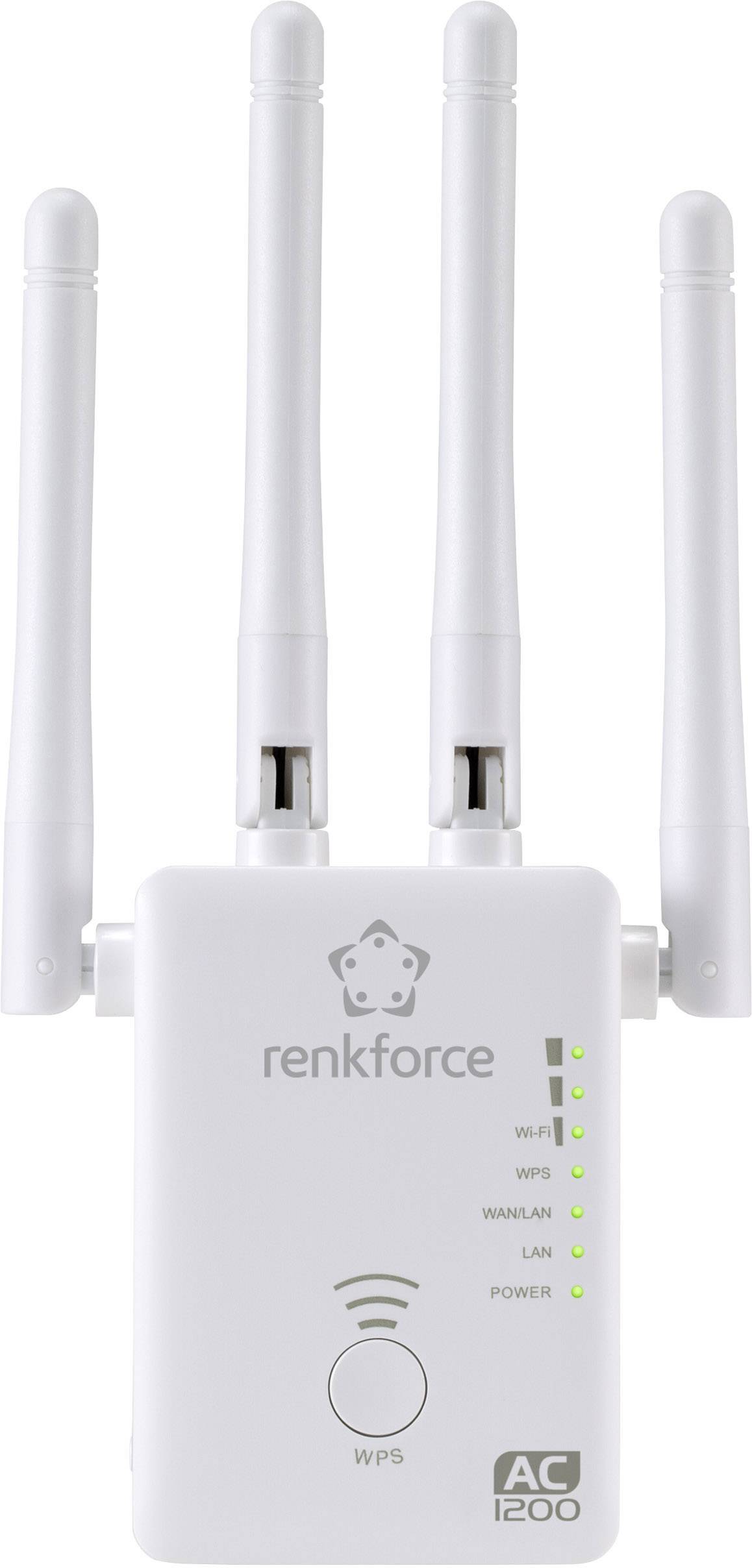 Un ripetitore Wi-Fi bianco con quattro antenne e indicatori LED per connessione Wi-Fi, WPS, WAN/LAN e alimentazione. Marca 'renkforce'.