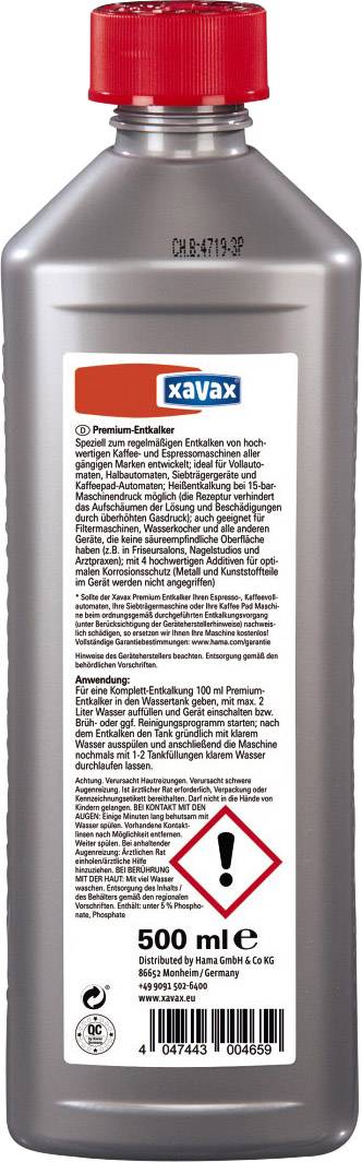 'XaVax Premium Decalcificante' bottiglia con tappo rosso, contiene 500 ml di liquido. Sul retro sono raffigurate informazioni di sicurezza e un simbolo di avvertenza.