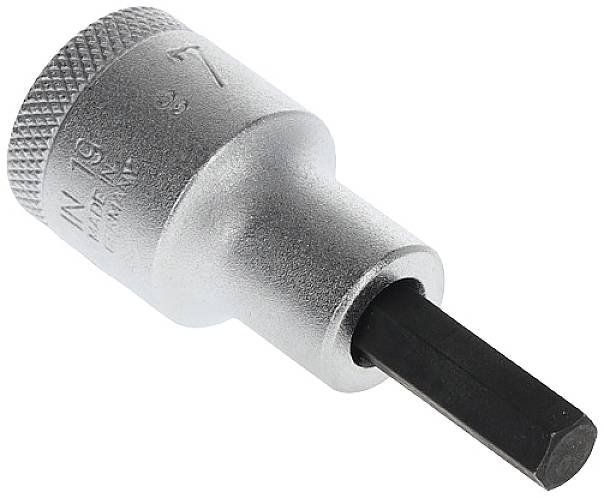 Inserto chiave a bussola metallico con impugnatura zigrinata e prolunga esagonale per connessioni a vite.