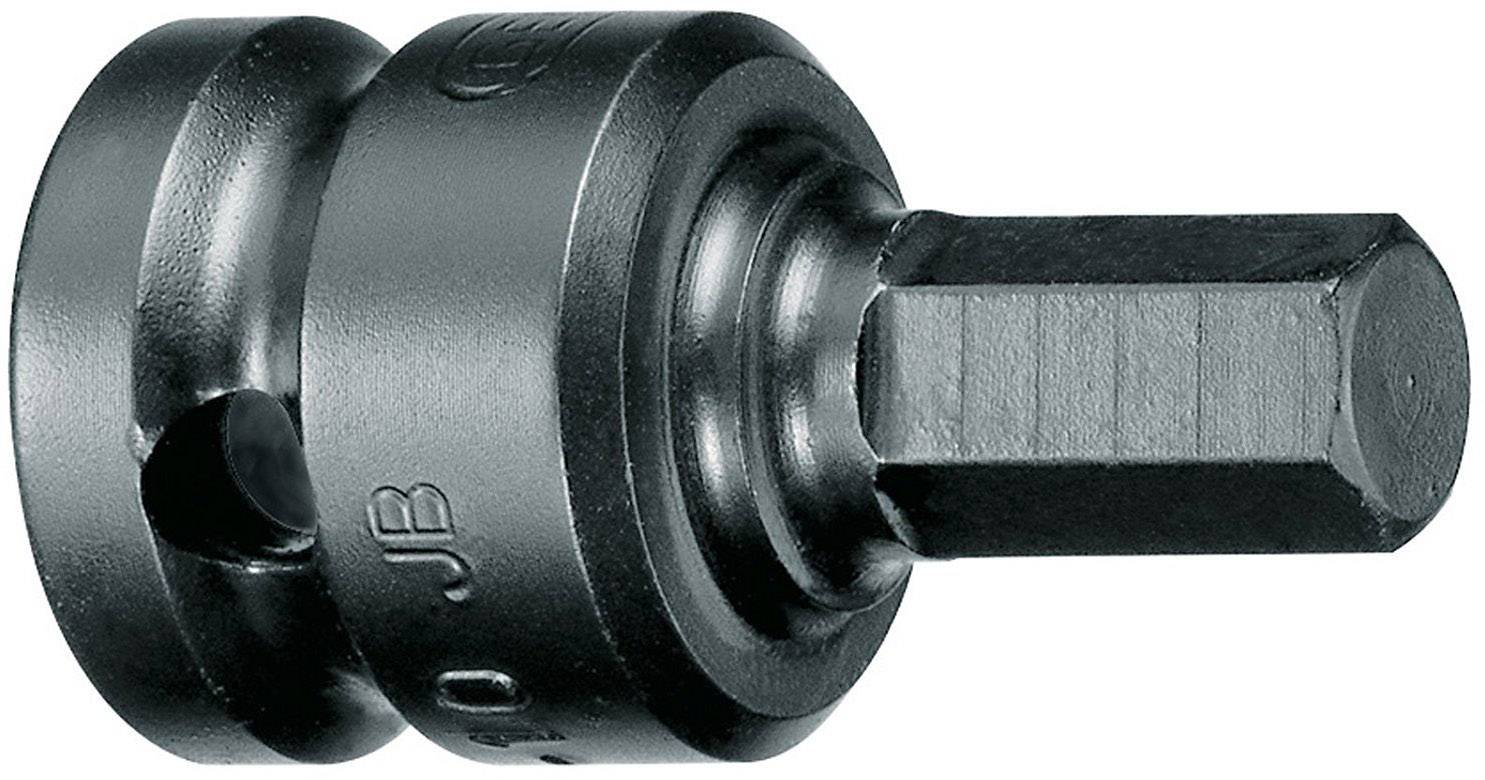 Un adattatore nero in metallo con punta esagonale, utilizzato per utensili o macchine al fine di fissare bit o componenti accessori.