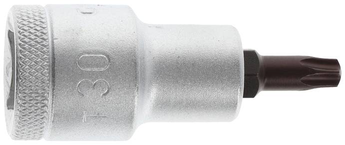 Inserto bit Torx argentato con incisione T30. Utilizzato per viti con testa Torx in applicazioni meccaniche o artigianali.