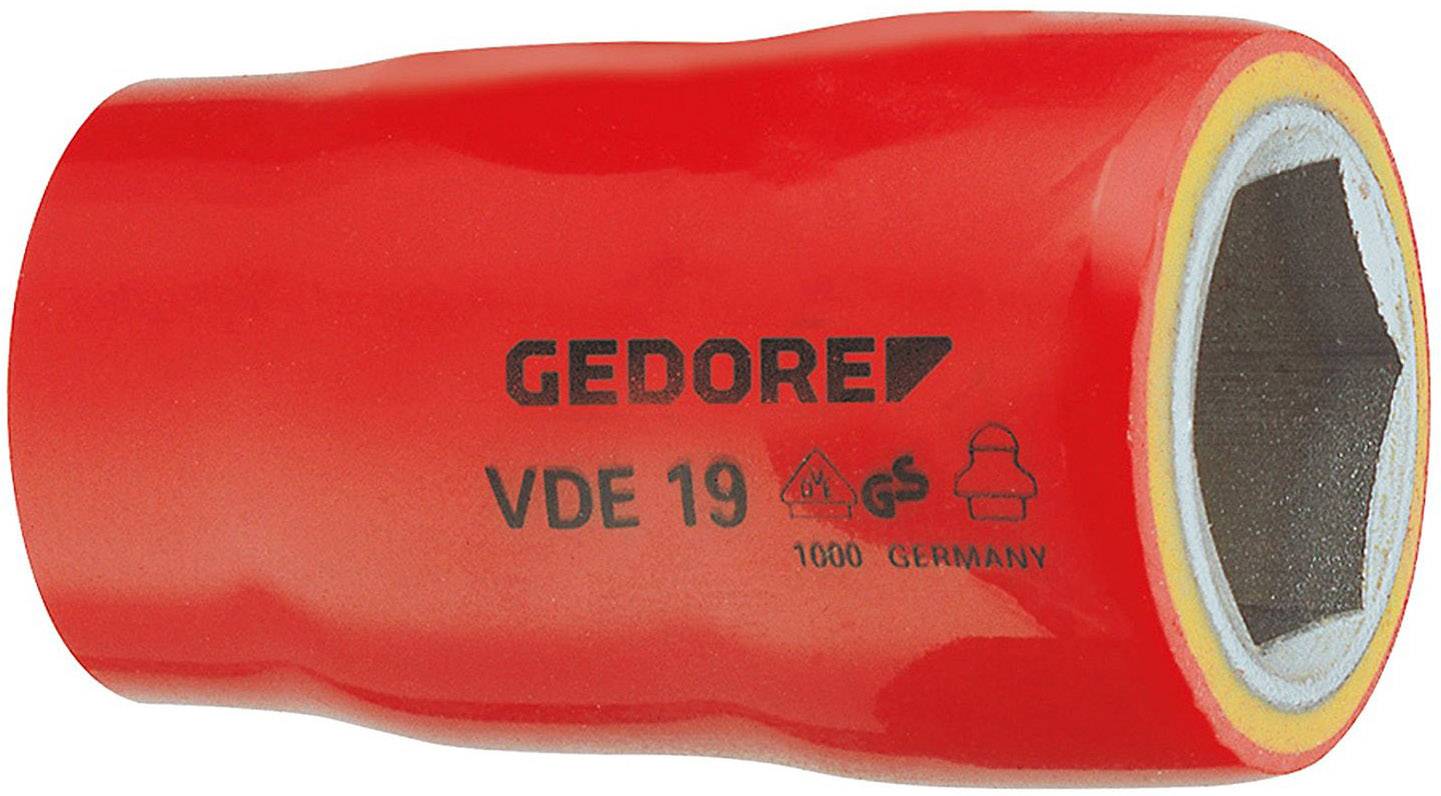 Inserto per chiave a bussola isolato rosso con la scritta 'GEDORE VDE 19', idoneo per lavori elettrici, fabbricato in Germania.