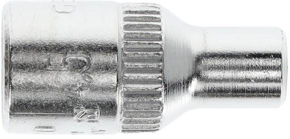 Un inserto per chiave a tubo in metallo argentato, con scanalature per una presa migliore. Sono riportate le marcature di diametro e dimensione.