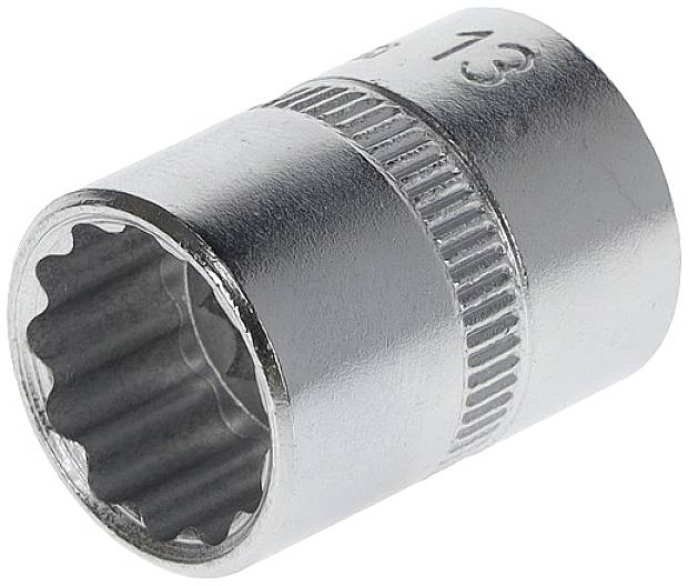 Testa di chiave esagonale in metallo a forma cilindrica, adatta per viti da 13 mm. Presenta una superficie zigrinata per una presa migliore.