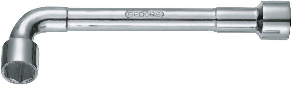 Chiave a L cromata, con due teste esagonali di dimensioni diverse alle estremità. Nome del marchio 'GEDORE' inciso.