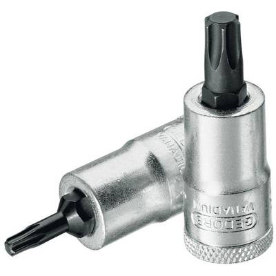 Due inserti metallici Torx nelle misure T20 e T25, parte di un set di utensili, sono posizionati uno accanto all'altro su sfondo bianco.