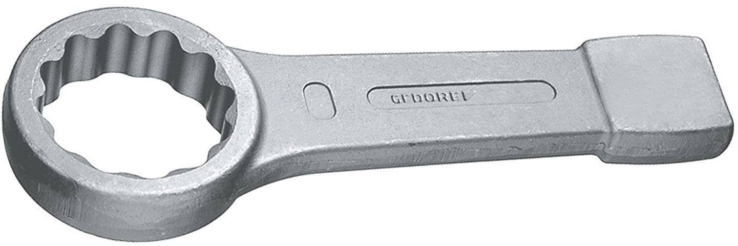 Una chiave ad anello in argento con una testa chiusa e dentata, appositamente progettata per viti o dadi esagonali.