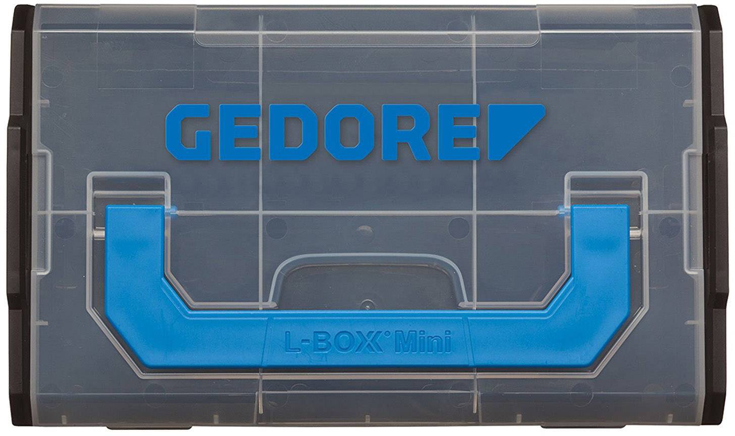 Una scatola trasparente in plastica con manico blu, contrassegnata con 'GEDORE' e 'L-BOX Mini', probabilmente per conservare utensili.