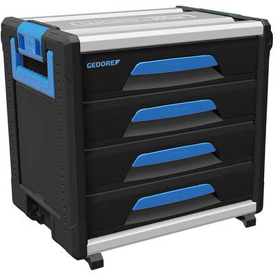 Un contenitore per attrezzi nero con quattro cassetti e maniglie blu. Il marchio 'Gedore' è stampato in alto a sinistra sul contenitore per attrezzi.