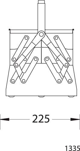 Un diagramma tecnico mostra un sistema di collegamento meccanico con misurazioni. La larghezza è contrassegnata come 225 e l'altezza è 1335.