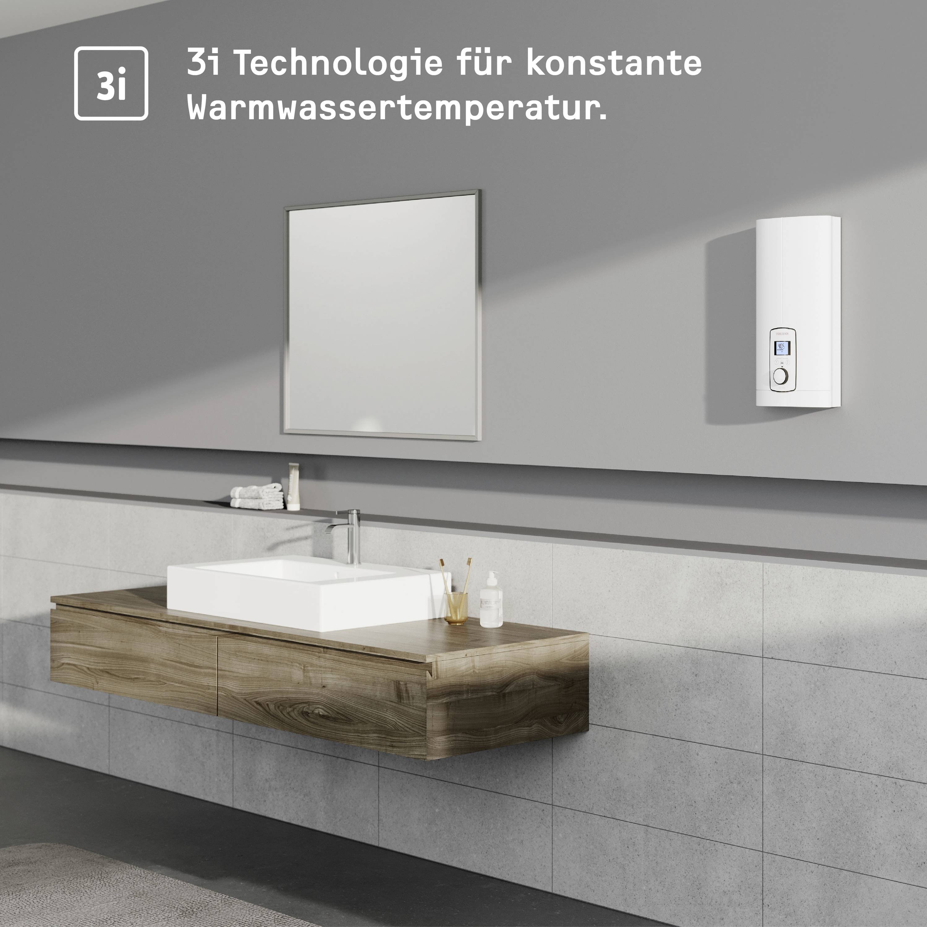 'Vista di un bagno moderno con scaldabagno a parete e lavabo. Testo: Tecnologia 3i per temperatura dell'acqua calda costante.'