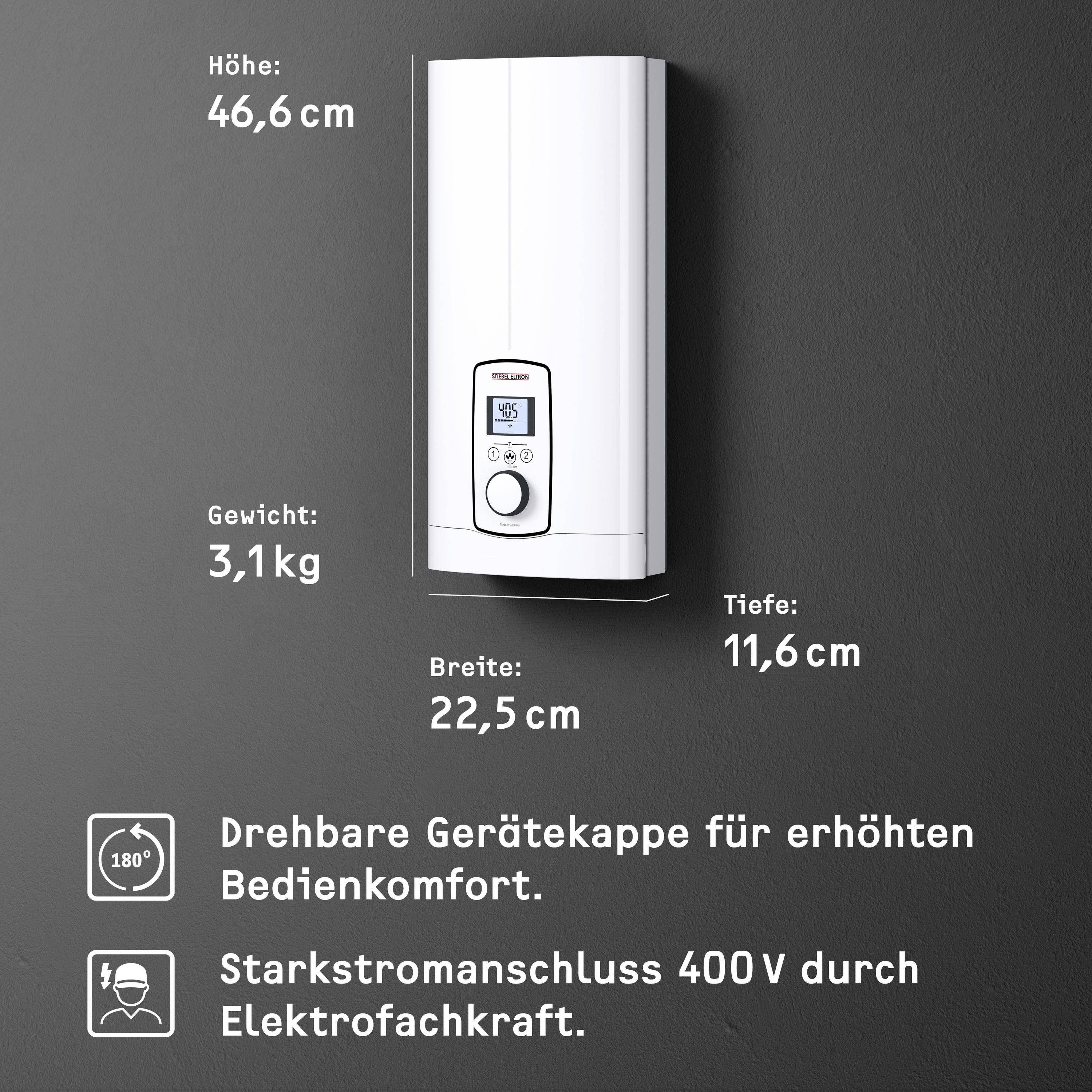 Un termo elettrico istantaneo bianco a parete con le seguenti dimensioni: altezza 46,6 cm, larghezza 22,5 cm, profondità 11,6 cm, peso 3,1 kg. Informazioni su opzioni e connessione elettrica.