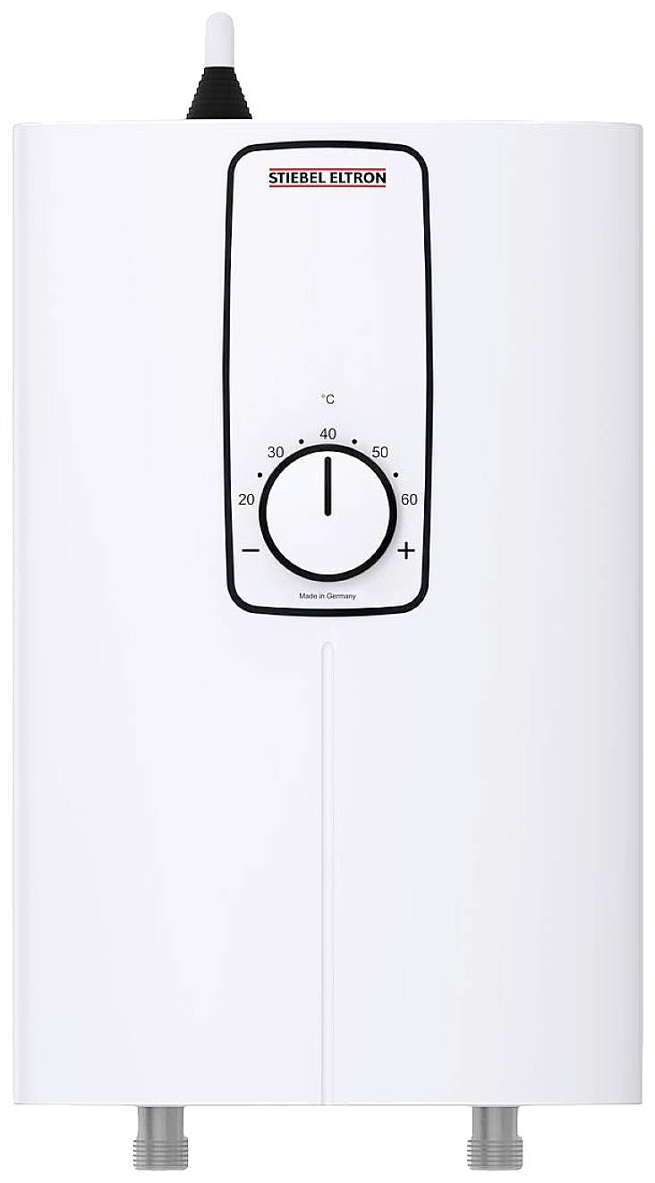 Un termo elettrico bianco con regolatore di temperatura e display che va da 30 a 60 gradi Celsius.