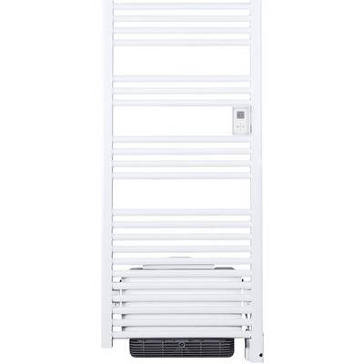 Un radiatore scaldasalviette bianco con termostato elettronico integrato. Nella parte inferiore è presente una griglia di ventilazione.