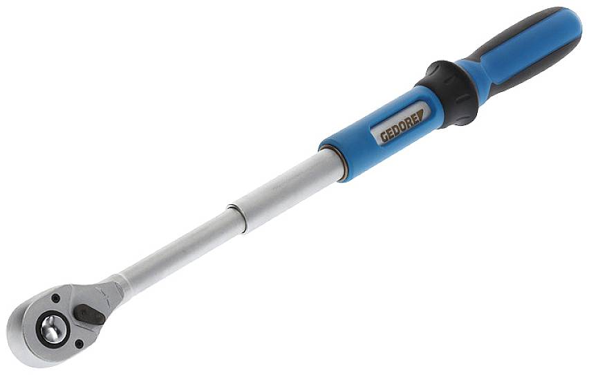 Una chiave dinamometrica con impugnatura blu e asta argentata, idonea per serrare viti con precisione.