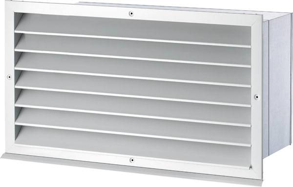 Griglie di ventilazione metalliche con lamelle orizzontali, utilizzate per sistemi di ventilazione.