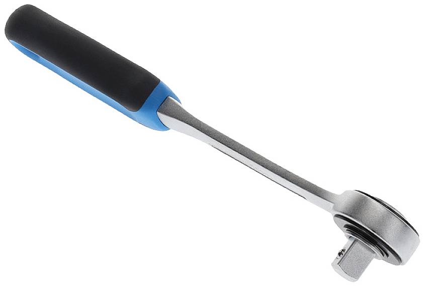 Una chiave dinamometrica regolabile con impugnatura blu e nera, utilizzata per serrare viti e dadi con precisione in lavori meccanici.