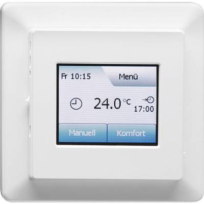Un termostato indica 24,0°C. È in modalità 'Comfort'. L'ora attuale è 10:15, ed è programmato per le 17:00.