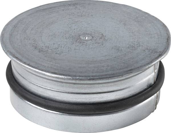 Tappi metallici dalla forma rotonda con anello di guarnizione in gomma nera perimetrale.