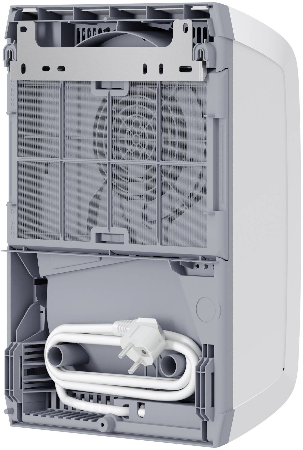 Un involucro aperto con un grande ventilatore in alto e un cavo arrotolato con spina in basso.