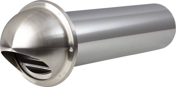 Cappa da parete in acciaio inox con griglia di copertura e design circolare, idonea per la ventilazione e l'aerazione degli edifici.