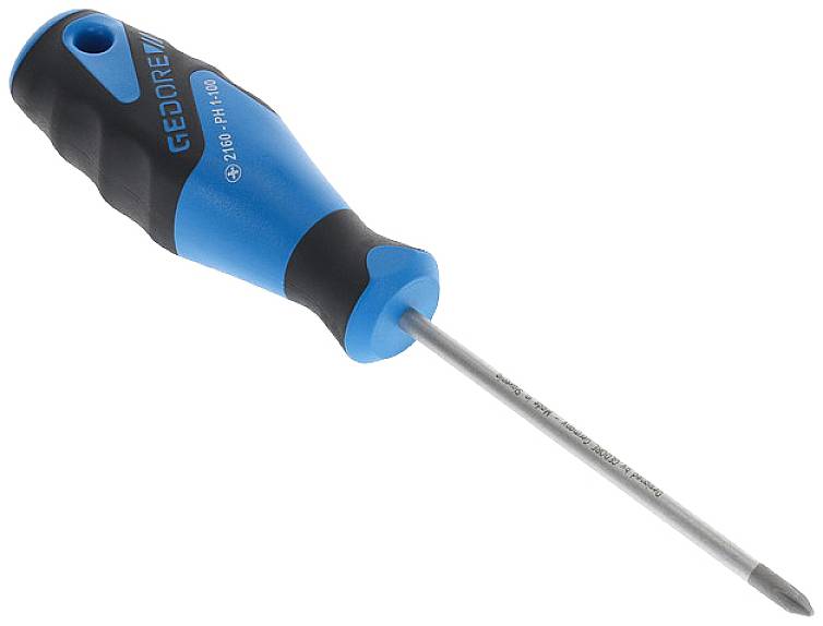 Un cacciavite blu e nero con impugnatura ergonomica e un'asta lunga e stretta sulla sinistra.