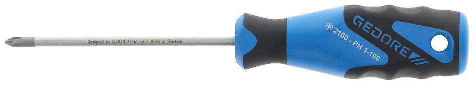 Cacciavite blu e nero con la scritta 'GEDORE'. Adatto per viti a croce PH1.