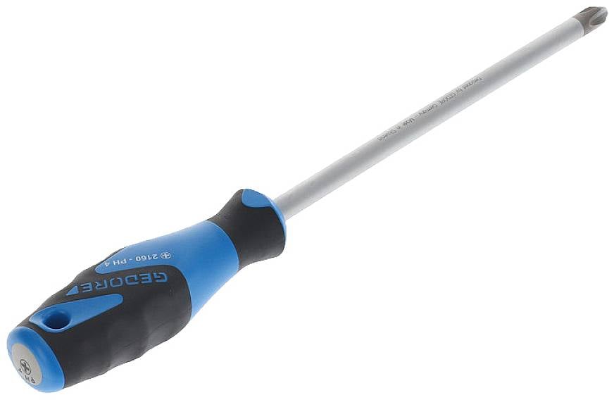 Cacciavite con impugnatura blu-nera e lama d'argento, adatto per viti a croce.