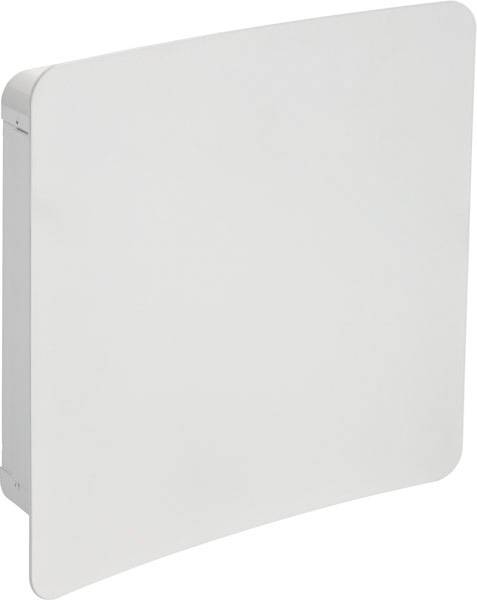 Un grigliato di ventilazione bianco, rettangolare, leggermente bombato in avanti, montato su una parete. Design essenziale, privo di motivi visibili.