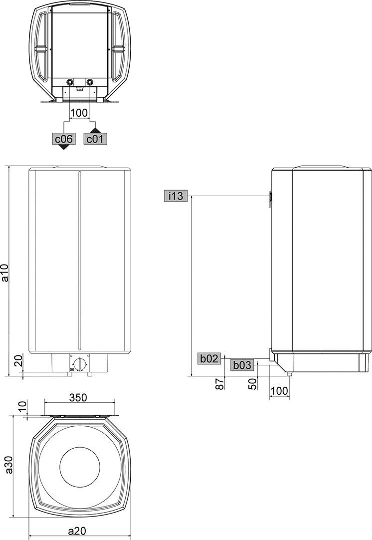 'Disegno tecnico di un dispositivo rettangolare con dimensioni: altezza 100 mm, larghezza 350 mm, profondità 87 mm. Vista frontale, laterale e dall'alto.'