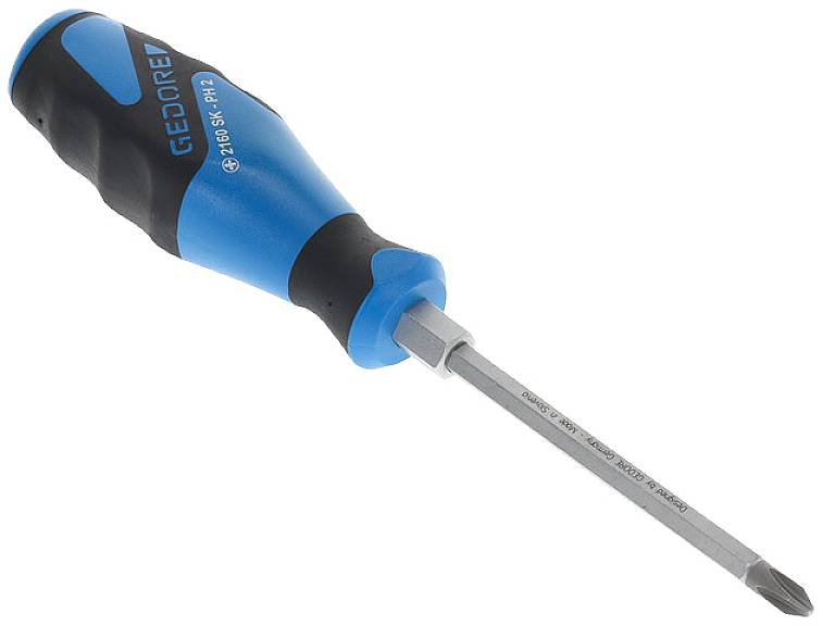 Cacciavite a croce blu con impugnatura ergonomica e punta nera. Adatto per diversi lavori di avvitamento.