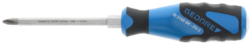 Un cacciavite blu con impugnatura nera Gedore, punta PH2, numero modello 2160 S-1K.