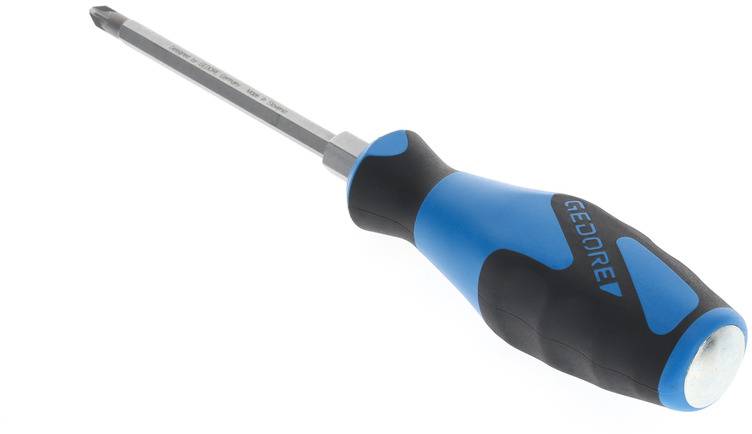 Un cacciavite blu e nero con impugnatura ergonomica su sfondo bianco.