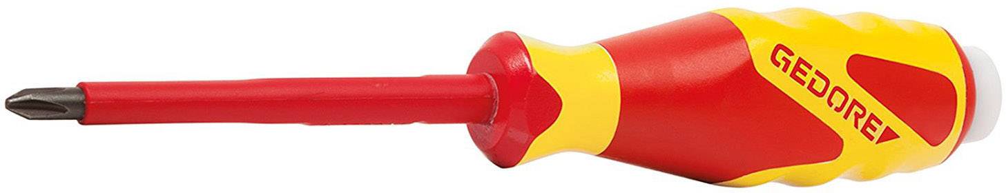 Un cacciavite rosso con impugnatura isolata per utensili elettrici, con dettagli gialli, posizionato di lato, con il marchio 'Gedore' sull'impugnatura.