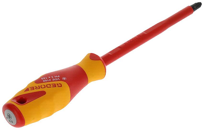 Un cacciavite rosso e giallo con impugnatura isolata e testa a croce, adatto per lavori su dispositivi elettrici.