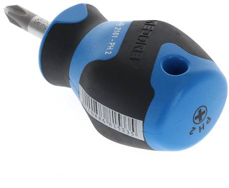 Un cacciavite a croce blu e nero con impugnatura corta e testa in metallo con la scritta 'PH2'.