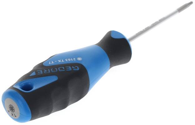 Cacciavite blu con manico nero e punta T15 del marchio GEDORE, posizionato diagonalmente su sfondo bianco.