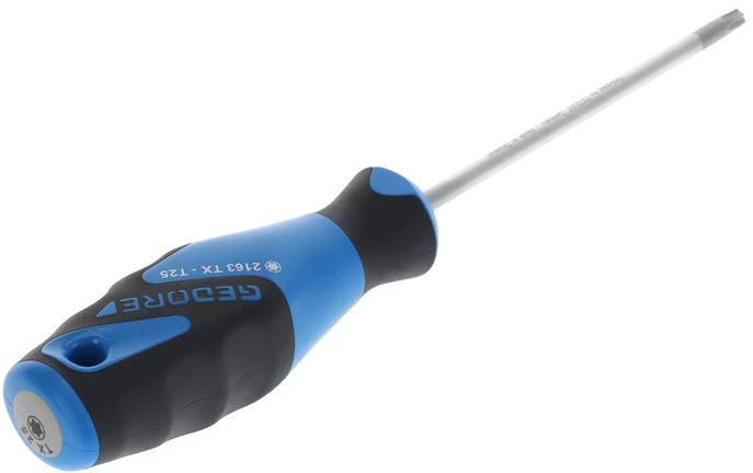 Un cacciavite con impugnatura ergonomica blu e nera e punta Torx. Sull'impugnatura è riportato 'GEDORE 2163 TX T25'.
