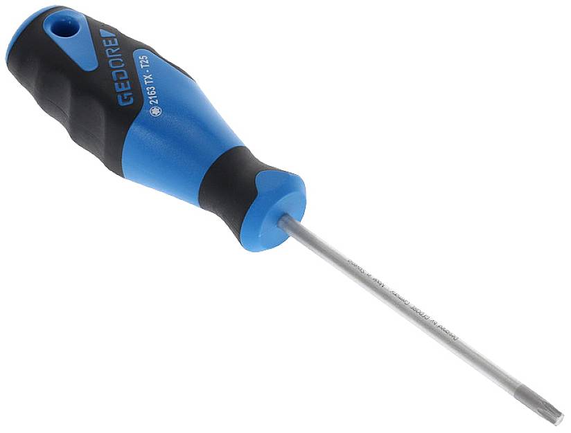 Un cacciavite blu e nero con impugnatura ergonomica, adatto per viti Torx, del marchio GEDORE.