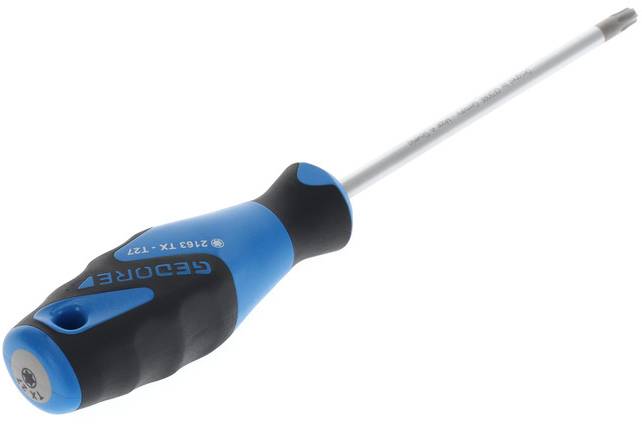 Un cacciavite blu-nero con impugnatura ergonomica, adatto per viti Torx, è posizionato obliquamente su una superficie bianca.