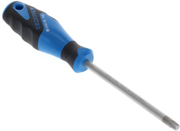 Un cacciavite blu e nero con taglio, adatto a lavori artigianali. L'impugnatura è ergonomica.