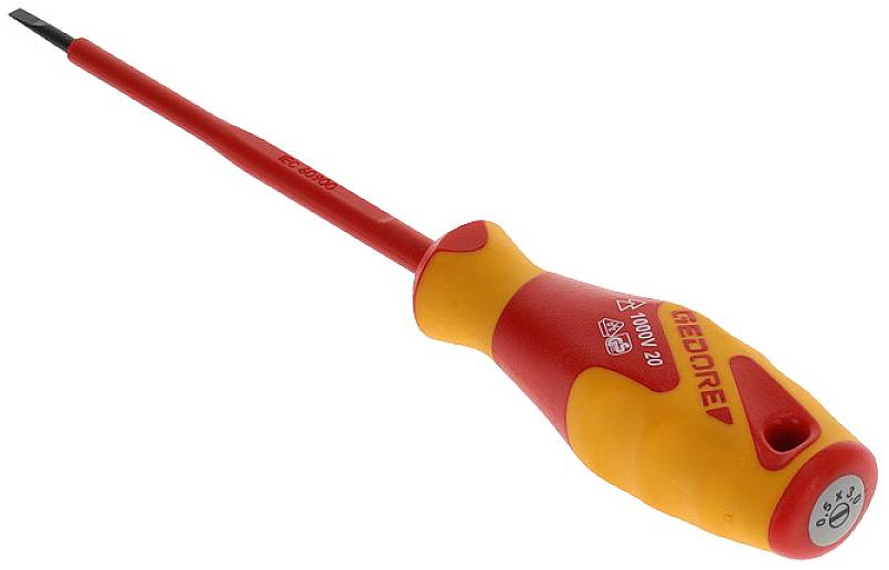 Un cacciavite rosso e giallo con impugnatura isolata e punta piatta. Adatto per lavori con componenti elettrici.