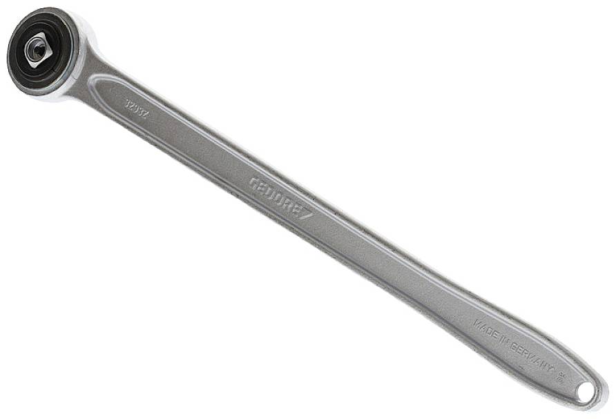 Cricchetto con manico lungo, argento, marca 'GEDORE', per lavori meccanici. Testo sul manico: 'Made in Germany', numero modello '1993Z'.