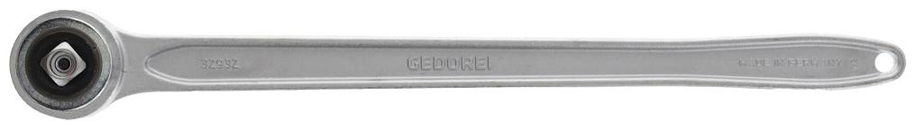 Una chiave a cricchetto con testa tonda argentata, con un manico lungo e diritto, adatta per lavori di avvitamento.