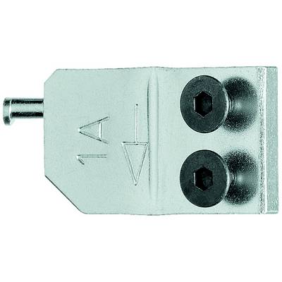 Spinotto metallico con due viti nere e simboli di frecce, probabilmente un elemento di connessione elettrico o meccanico.